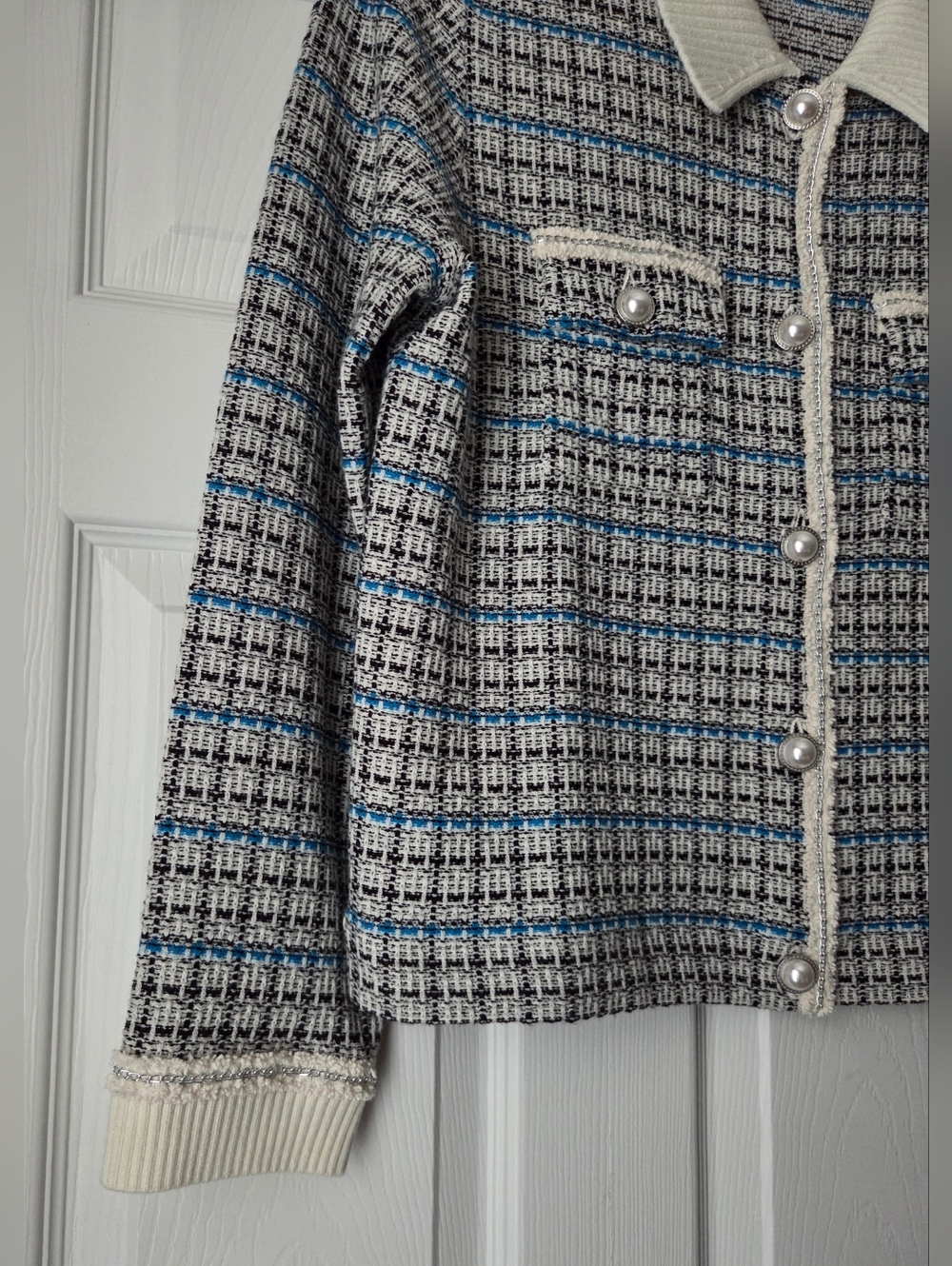 NWOT Talbots Cream and Blue Plaid Tweed Sweater Jacket Size L - Picture 7 of 14